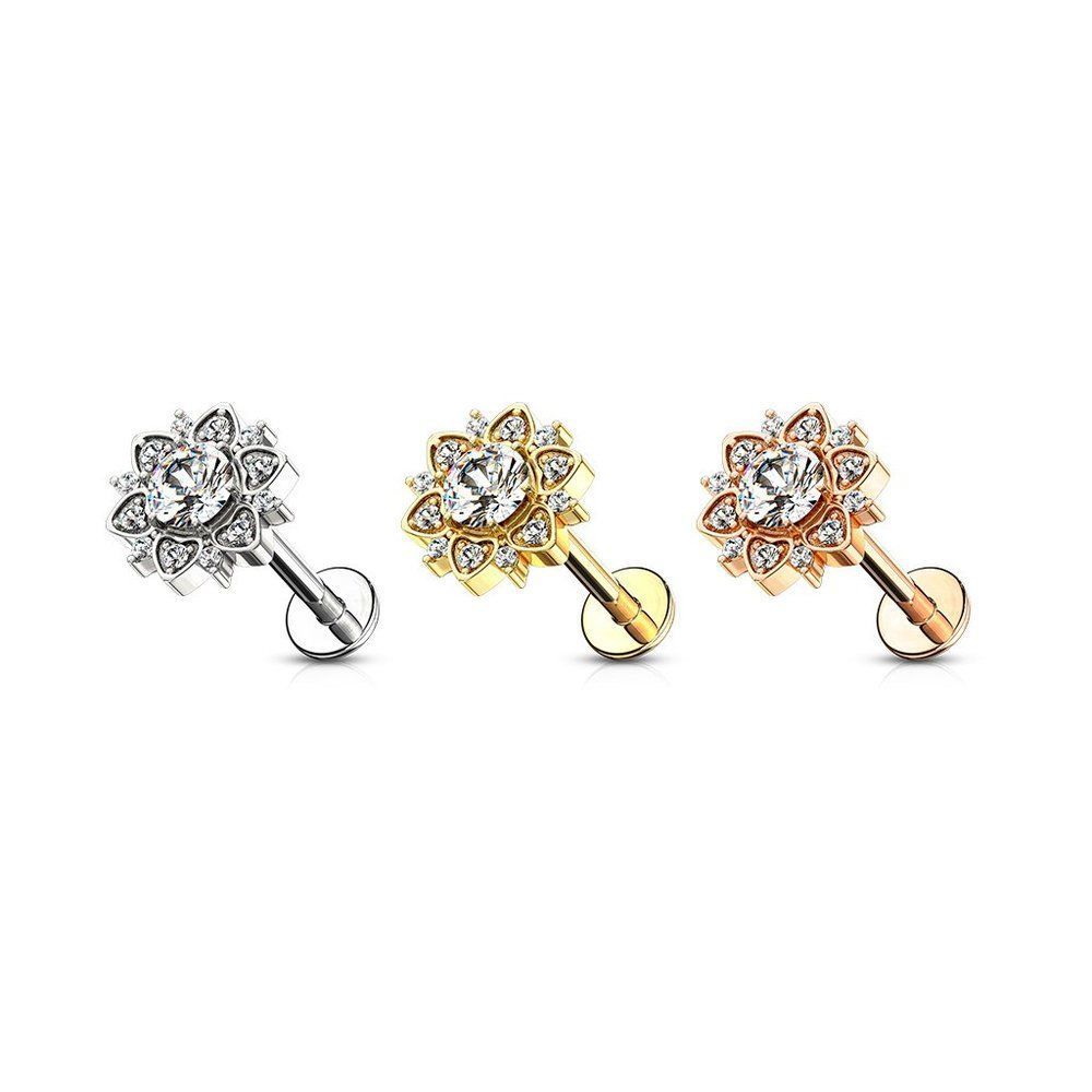 Paved CZ Flower with Round CZ Center Internally Threaded 316L Surgical Steel Fla